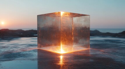 Poster - A transparent cube sits on the shoreline as the sun sets in the background, illuminating the wet sand with a warm glow and creating a tranquil atmosphere.