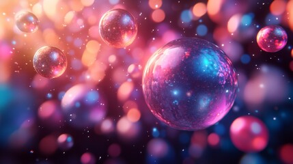 Aufkleber - A collection of colorful bubbles seems to float gracefully in a lively backdrop filled with shimmering, blurred lights, creating an enchanting visual effect.