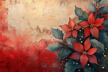 Canvas Print - Bright red poinsettia flowers with lush green leaves create a festive atmosphere against a beautifully textured background during the holiday season