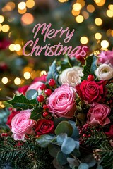 Wall Mural - A vibrant arrangement of pink and red roses, holly berries, and greenery captures the essence of Christmas with soft twinkling lights in the background