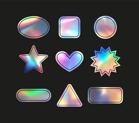 A set of holographic stickers in the form of geometric shapes on a black background.