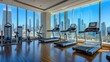 © elimicel - Modern gym with treadmills and city skyline view.