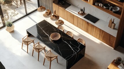 Poster - A contemporary dining area showcases a large black marble table surrounded by elegant wooden chairs, illuminated by natural light streaming through large windows