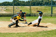 © peopleimages.com - Baseball, people and slide on field at base for run, score and intense match in summer. Team sport, energy and dirt in game for training, homerun and achievement in Texas stadium for tournament