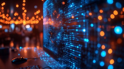 Computer monitor displaying a blue digital code with a blurred background of a room with warm lights.