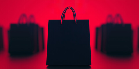 Black shopping bags on red background. Black Friday sale mockup. Retail promotion concept. Image for advertising and marketing with copy space.