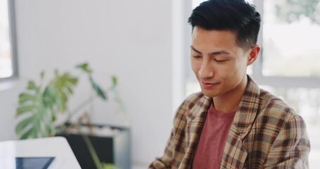 Poster - Asian man, phone call and happy at startup, office and agreement with client, advice or deal for project. Person, smartphone and smile for contact, negotiation or mobile networking at creative agency