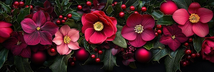 Poster - A stunning arrangement of holly and winter flowers displays rich colors and textures, perfect for holiday decorations and celebrations during the festive season