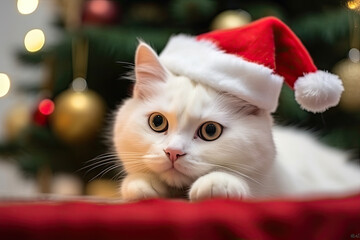 A fluffy white cat adorned with a festive Santa hat lies comfortably on a red surface, gazing curiously at the bright Christmas tree in the background