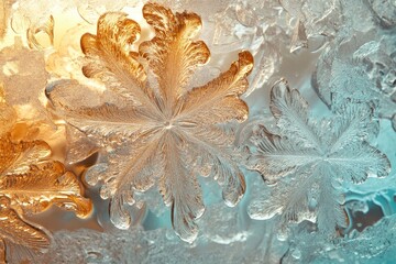 Close-Up of Intricate Frost Patterns on Glass with Warm and Cool Lighting