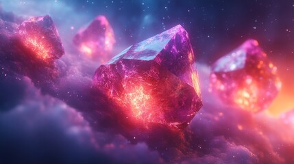 Poster - Radiant pink crystals are suspended in an otherworldly space environment, glowing against a backdrop of cosmic colors as twilight spreads an enchanting light.