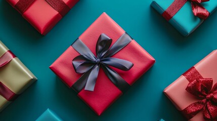 Colorful gift boxes with ribbons arranged on a teal background