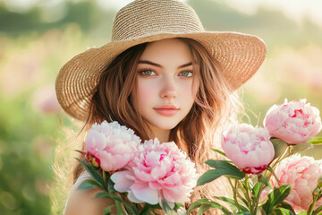 Girl in a summer field with a straw hat and a bouquet of peonies.