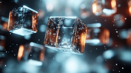 Leinwandbilder - A captivating arrangement of transparent ice cubes floats in water, illuminated by vibrant reflections and surrounded by tiny bubbles, creating a stunning visual effect.