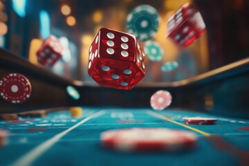 Poster - In a lively casino setting, red dice fly above a craps table filled with an array of scattered chips during an exhilarating game. Generative AI