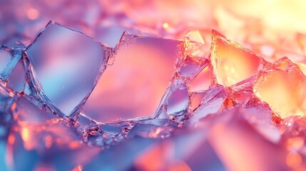 Fototapete - Shards of ice scatter across a surface, reflecting vibrant shades of blue and orange from the warm light above, revealing unique textures and shapes.