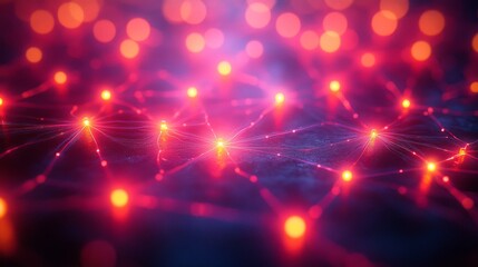 Fototapete - A vibrant display of interconnected red and purple dots creates an abstract network on a dark background, showcasing digital technology in action.