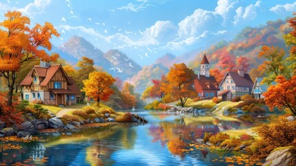 Wall Mural - Autumn Village by the Lake