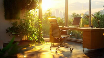 Poster - A serene office space filled with plants, bathed in warm sunlight, promoting productivity.