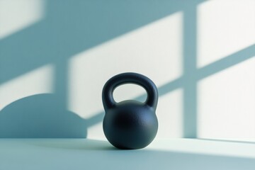 A minimalistic black kettlebell is positioned on a pale surface, illuminated by gentle sunlight, perfect for at-home fitness routines. Generative AI