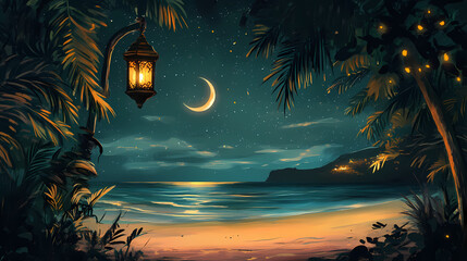 Ramadan greeting poster with beautiful lantern lamp on the beach and crescent moon in the night sky. Crescent Moon Beach. Illustration