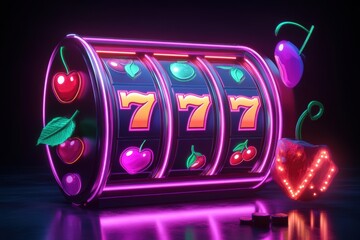 Aufkleber - A slot machine features spinning reels adorned with cherries, sevens, and bars, illuminated by vibrant neon lights in a bustling casino. Generative AI
