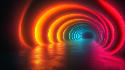 Fototapete - A stunning display of colorful neon lights forms a spectacular tunnel, captivating viewers with its vibrant hues and reflections on the floor at night.