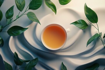 Poster - A tea cup filled with warm beverage is beautifully placed among vibrant green leaves, creating a serene and inviting atmosphere. Generative AI