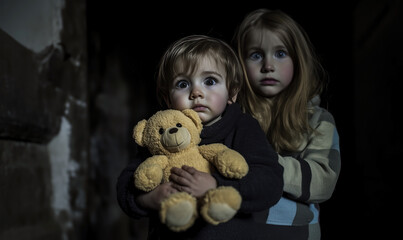 Wall Mural - Scared little boy child holding a teddy bear in the dark, sister in background, selective focus, copy space on old wall