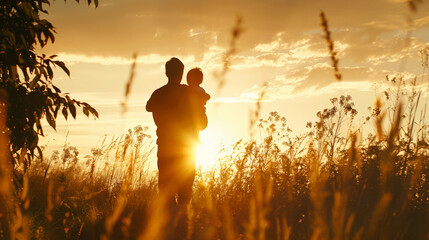 A parent holds their child on their shoulder as the sun sets, casting a warm glow over a grassy field filled with tall grasses, creating a serene atmosphere