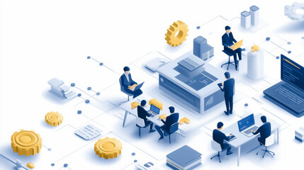Sticker - isometric illustration of a digital workspace, featuring people collaborating with technology and da