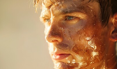 Close-up of a man’s face with skin damaged by sun exposure, highlighting texture and intense expression.