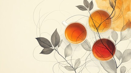 Poster - This artwork features serene lines intertwining with vibrant tea cups and delicate leaves, showcasing beauty and simplicity in design. Generative AI