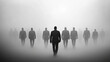 © Nano Photos - A group of silhouetted figures in suits walk confidently through a foggy, monochromatic landscape, creating a mysterious and atmospheric scene.