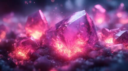 Poster - Rough pink crystals emit a soft glow in a shadowy space, surrounded by shimmering dust and an ethereal atmosphere, enhancing their allure.