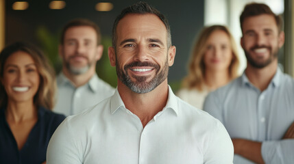 A group of five people smiling and standing together, with one man in a white shirt prominently in the foreground.