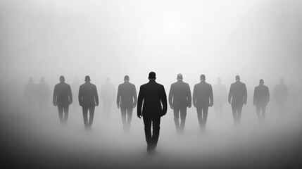 A group of silhouetted figures in suits walk confidently through a foggy, monochromatic landscape, creating a mysterious and atmospheric scene.