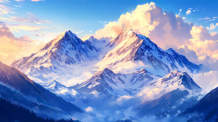 Wall Mural - spectacular snow-capped mountain peaks bask in soft golden light of dawn, set against a brilliant bl