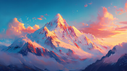 Wall Mural - spectacular snow-capped mountain peaks bask in soft golden light of dawn, set against a brilliant bl