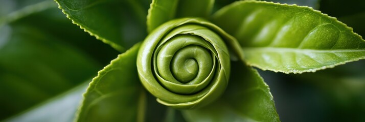 Leinwandbilder - The tea leaf spirals elegantly, surrounded by lush green leaves, capturing the natural beauty of the garden in a tranquil moment. Generative AI