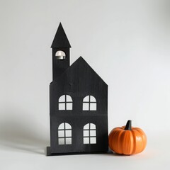 black paper house with pumpkin.