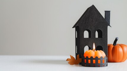 black paper house with pumpkin.