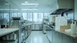 © Pannin - Clean and tidy commercial kitchen with gleaming surfaces, modern equipment, and food safety certification on display, representing high standards of hygiene.