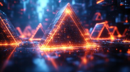 Leinwandbilder - A series of glowing pyramids shine brightly in a digital landscape, surrounded by shimmering lights and intricate patterns during twilight, creating a mesmerizing atmosphere.