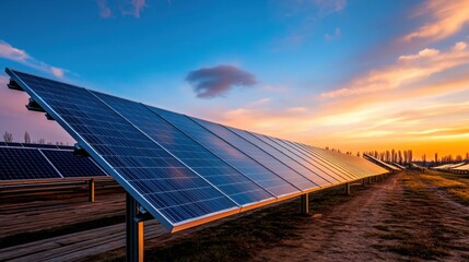 Solar Panels Under Sunset Sky for Sustainable Energy