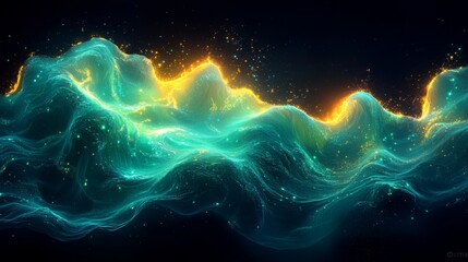 Fototapete - A stunning ocean wave is depicted with vibrant blue and golden hues, creating a mesmerizing effect that captures the essence of the sea and light interplay.