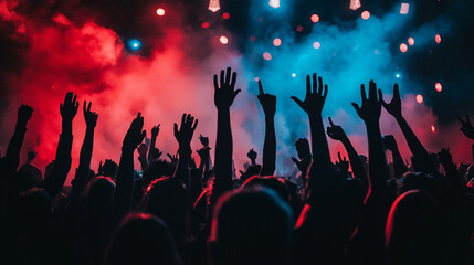 night club EDM party DJ mixing electronic music with turn table background, silhouettes of people dancing and raising their hands