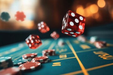 Poster - With chips scattered on the green felt, red dice are flying through the air in a thrilling moment of a craps game at a casino. Generative AI