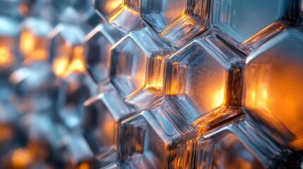 Leinwandbilder - This close-up showcases a hexagonal glass structure that glows with warm light. The intricate patterns create captivating reflections and a unique aesthetic appeal.