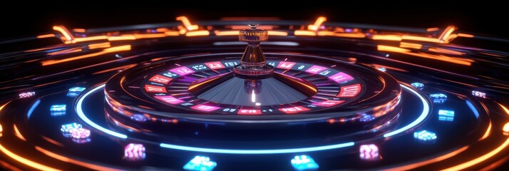 Poster - The roulette table illuminates the casino with neon numbers, attracting players eager to try their luck in the late-night excitement. Generative AI